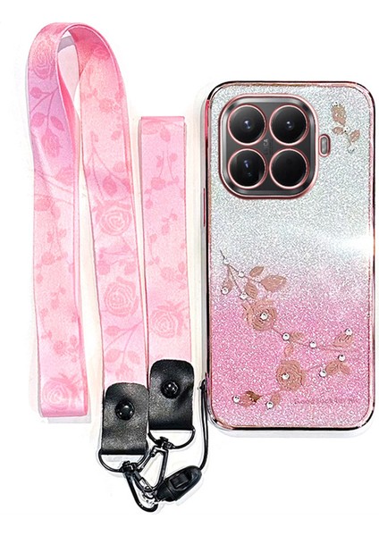 Xiaomi 15T Pro Kılıfı Çiçek Desenli Tpu Degrade Telefon Kılıfı ve Boyun Askıları - Gül Altını (Yurt Dışından)