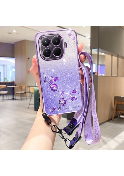 Xiaomi 15T Pro Kılıfı Çiçek Desenli Tpu Degrade Telefon Kılıfı ve Boyun Askıları - Mor (Yurt Dışından)