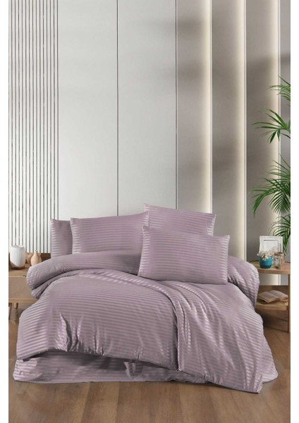 Stripe Saten Line Çift Kişilik Nevresim Takımı Mürdüm