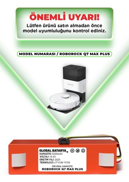 Roborock Q7 Max Plus Uyumlu Akıllı Robot Süpürge Bataryası 14.4V 5200mAh Li-ion Pil (Orijinal Kapasite) indirimleri