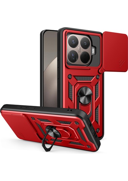 Xiaomi 15T Pro Için Kayar Kamera Kapaklı Pc + Tpu Ayaklı Telefon Kılıfı - Kırmızı (Yurt Dışından)