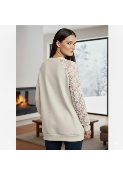 Ekru Dantel Detaylı Sweatshirt – Şık ve Rahat Günlük Kadın Üst – Yumuşak Kumaş modelleri