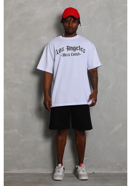 Unisex Oversize Baskılı Bisiklet Yaka T-Shirt - Beyaz -Vlmr modelleri