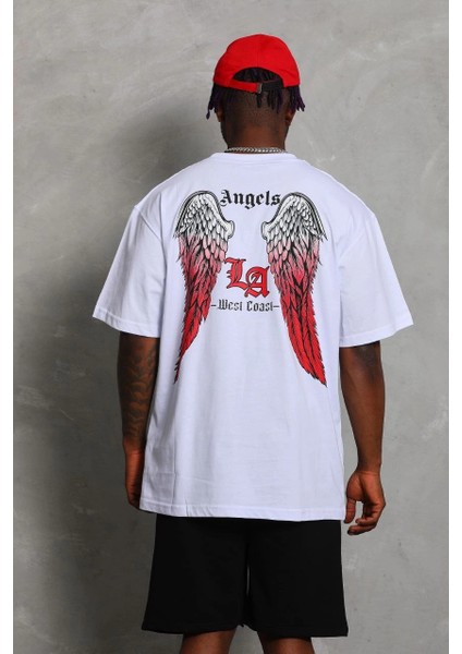 Unisex Oversize Baskılı Bisiklet Yaka T-Shirt - Beyaz -Vlmr indirimleri