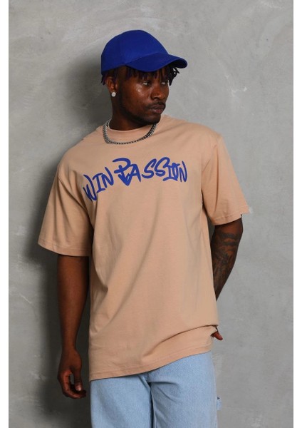 Unisex Oversize Baskılı Bisiklet Yaka T-Shirt - Bej -Vlmr
