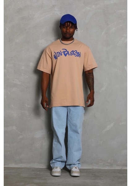 Unisex Oversize Baskılı Bisiklet Yaka T-Shirt - Bej -Vlmr fiyatları