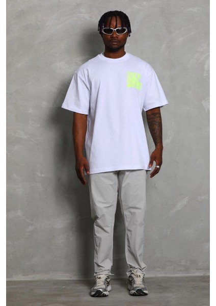 Unisex Oversize Baskılı Bisiklet Yaka T-Shirt - Beyaz -Vlmr fiyatları