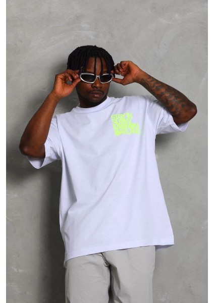 Unisex Oversize Baskılı Bisiklet Yaka T-Shirt - Beyaz -Vlmr modelleri