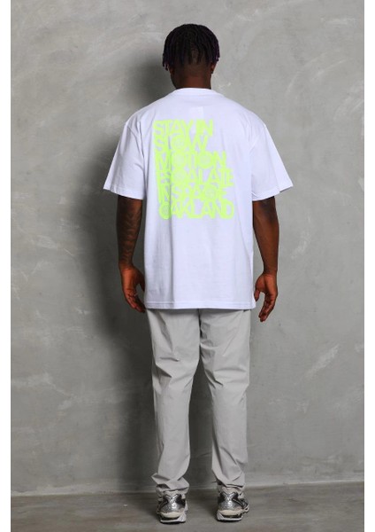 Unisex Oversize Baskılı Bisiklet Yaka T-Shirt - Beyaz -Vlmr fırsatları