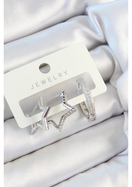 Pirinç Zirkon Taşlı Yıldız ve Halka Model Gümüş Renk 3 Lü Çift Kadın Küpe Set