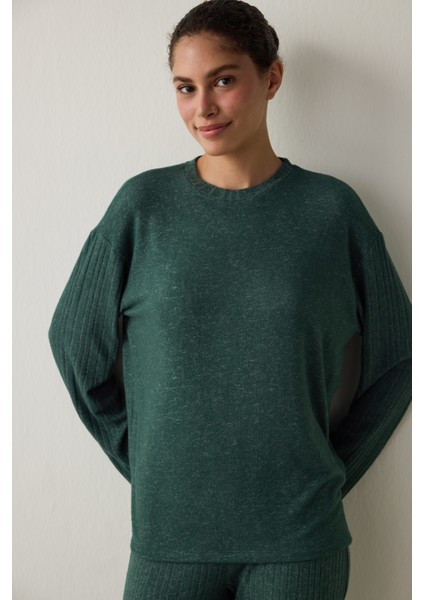 Koyu Yeşil Coziness Bisiklet Yaka Uzun Kol Pijama Takımı fiyatları