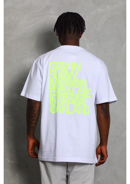 Unisex Oversize Baskılı Bisiklet Yaka T-Shirt - Beyaz -Vlmr indirimleri