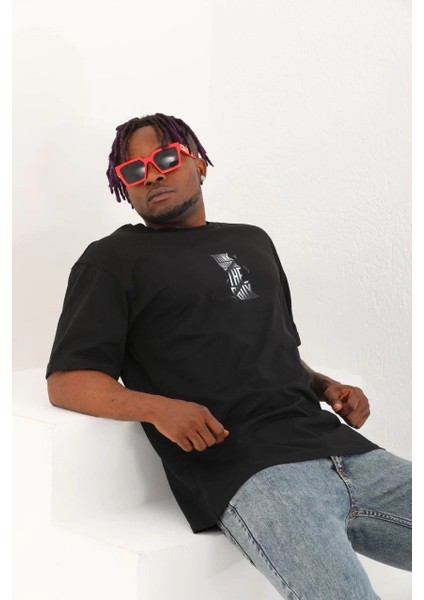 Unisex Oversize Baskılı Bisiklet Yaka T-Shirt - Siyah -Vlmr modelleri