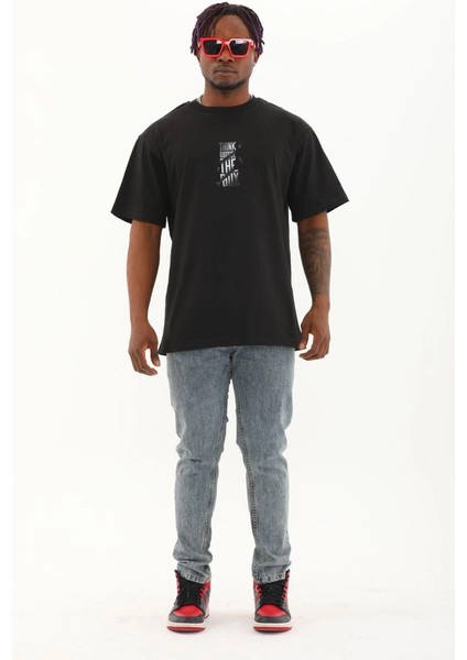 Unisex Oversize Baskılı Bisiklet Yaka T-Shirt - Siyah -Vlmr fırsatları