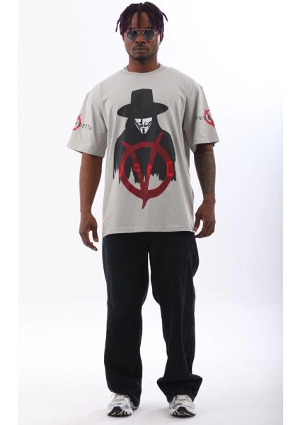 Unisex Oversize Baskılı Bisiklet Yaka T-Shirt - Gri -Vlmr