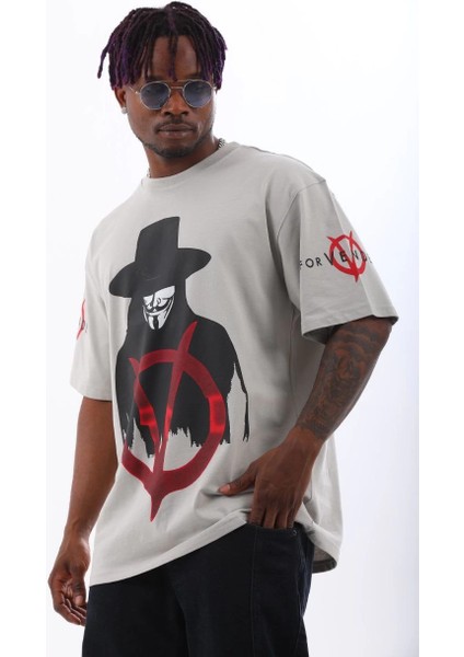 Unisex Oversize Baskılı Bisiklet Yaka T-Shirt - Gri -Vlmr modelleri