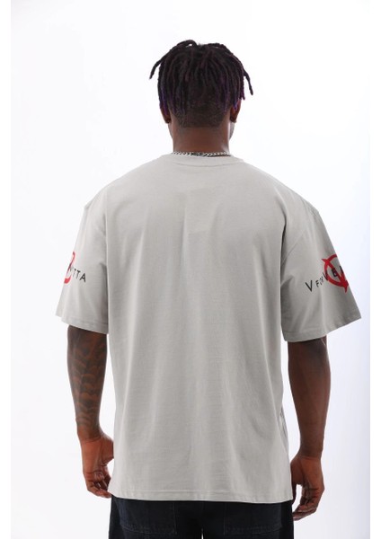 Unisex Oversize Baskılı Bisiklet Yaka T-Shirt - Gri -Vlmr fırsatları