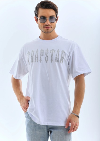 Unisex Oversize Taşlı Bisiklet Yaka T-Shirt - Beyaz -Vlmr