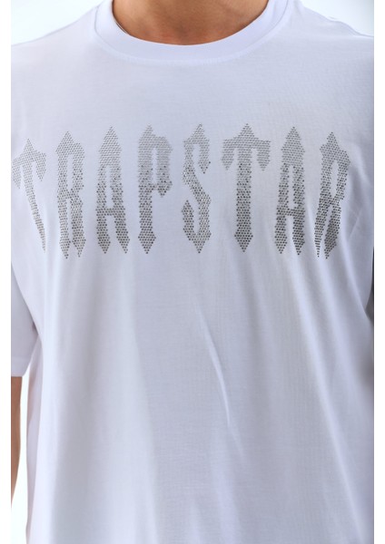 Unisex Oversize Taşlı Bisiklet Yaka T-Shirt - Beyaz -Vlmr modelleri