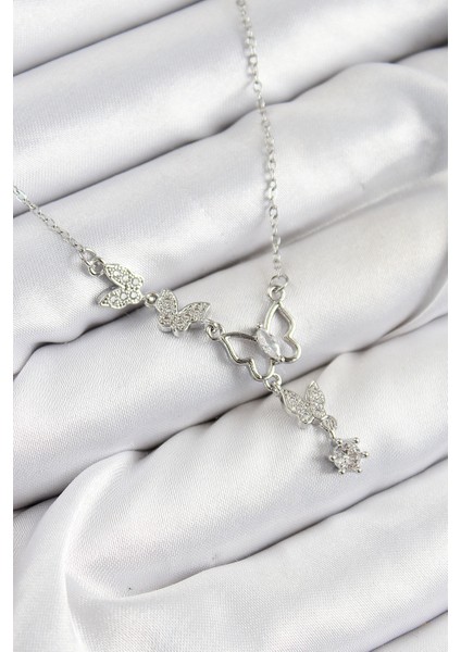 316L Çelik Zirkon Taşlı Kelebek Model Gümüş Renk Kadın Kolye fiyatları