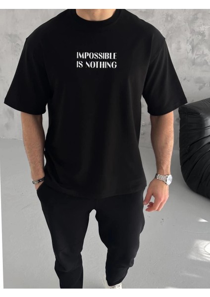 Unisex Bisiklet Yaka Baskılı Oversize T-Shirt - Siyah -Vlmr