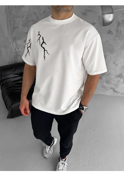 Unisex Bisiklet Yaka Baskılı Oversize T-Shirt - Beyaz -Vlmr