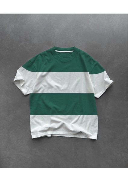 Unisex Bisiklet Yaka Parçalı T-Shirt - Yeşil -Vlmr