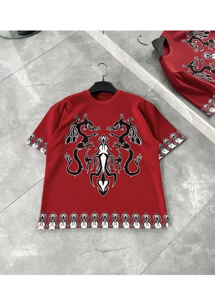 Unisex Bisiklet Yaka Baskılı Oversize T-Shirt - Kırmızı -Vlmr