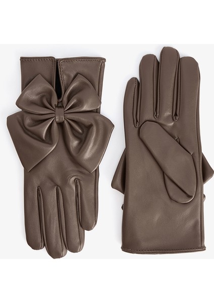 Kahverengi Fiyonklu Suni Deri Eldiven
