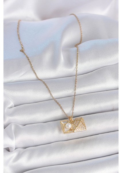 316L Çelik Gold Renk Zincir Zirkon Taşlı Açılır Incili Elmas Model Kadın Kolye