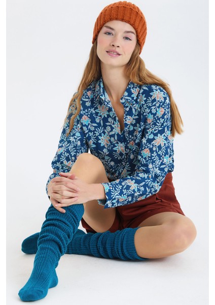 Diz Üstü Dikişsiz Yünlü Çorap Lacivert