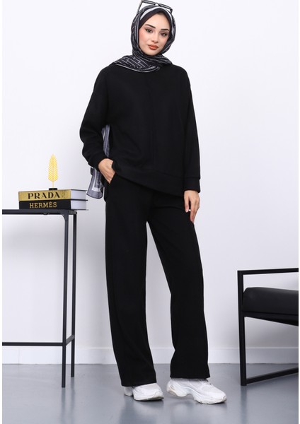 Siyah Üst ve Pantolonu Nervür Dikişli Selanik Takım
