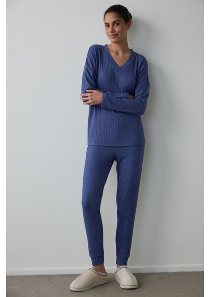 Lacivert Cozy V Yaka Uzun Kol Pijama Takımı