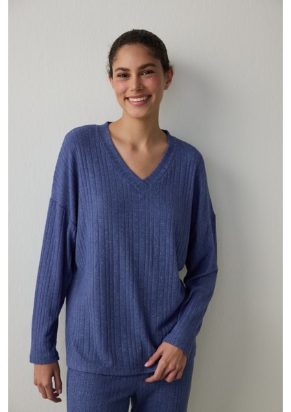 Lacivert Cozy V Yaka Uzun Kol Pijama Takımı fiyatları