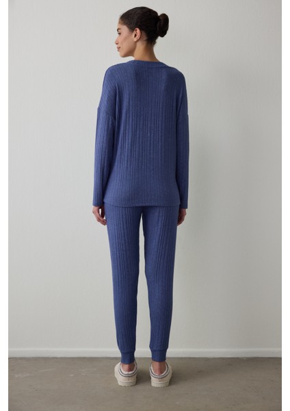 Lacivert Cozy V Yaka Uzun Kol Pijama Takımı fırsatları