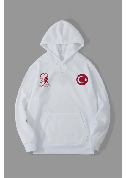 10 Kasıma Özel Üç Iplik Kapüşonlu Baskılı Sweatshirt - Beyaz -Vlmr