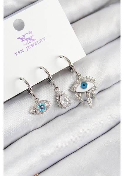 Pirinç Zirkon Taşlı 3 Lü Fatma Nın Gözü Model Gümüş Renk Kadın Küpe