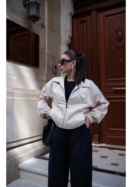 Fermuarlı Gömlek Yaka Bomber Ceket - Beyaz -Vlmr fiyatları