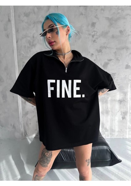 Unisex Baskılı Yarım Fermuarlı T-Shirt - Siyah -Vlmr fiyatları