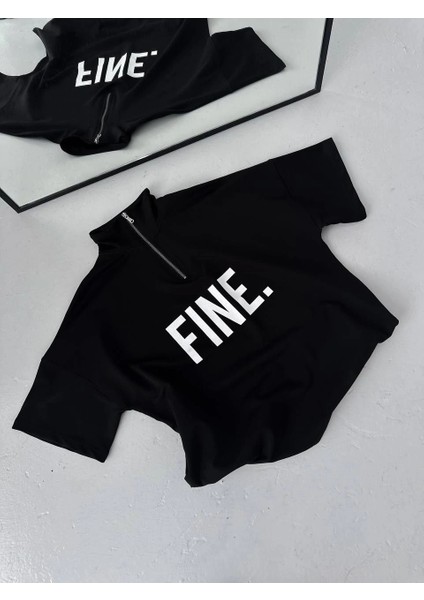 Unisex Baskılı Yarım Fermuarlı T-Shirt - Siyah -Vlmr modelleri