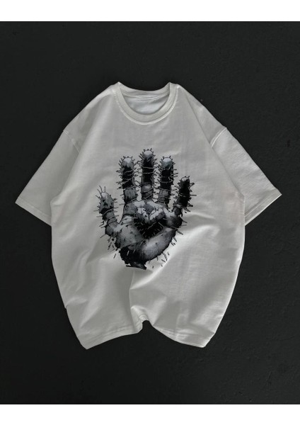 Unisex Bisiklet Yaka Baskılı Oversize T-Shirt - Beyaz -Vlmr