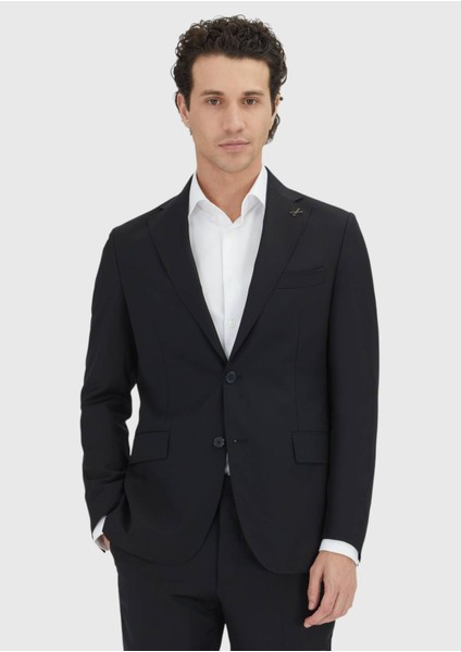 Siyah Çizgili Zeroweight Slim Fit %100 Yün Takım Elbise