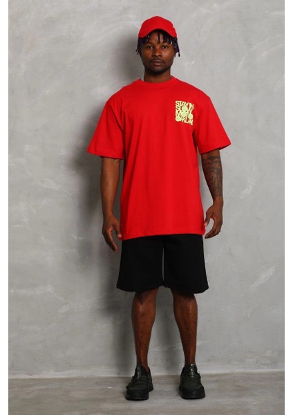 Unisex Oversize Baskılı Bisiklet Yaka T-Shirt - Kırmızı -Vlmr modelleri