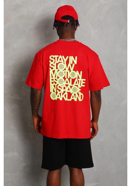 Unisex Oversize Baskılı Bisiklet Yaka T-Shirt - Kırmızı -Vlmr indirimleri