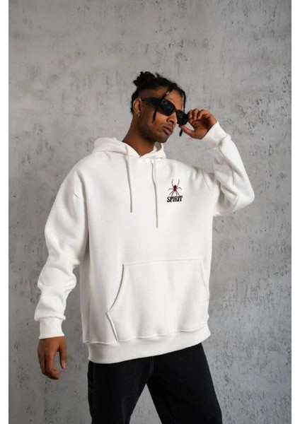 Unisex Kapşonlu Baskılı Sweetshirt - Beyaz -Vlmr