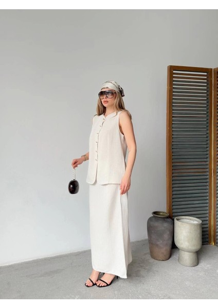 Keten Kolsuz Sıfır Yaka Ilik Düğmeli Kolsuz Hırka Etek Ikili Takım- Beyaz -Vlmr