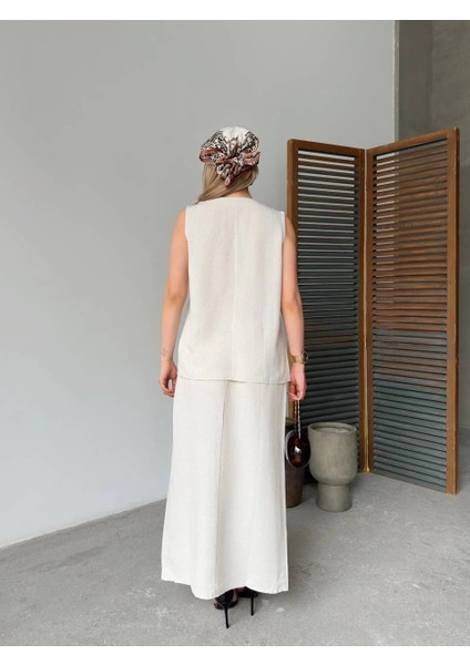 Keten Kolsuz Sıfır Yaka Ilik Düğmeli Kolsuz Hırka Etek Ikili Takım- Beyaz -Vlmr fiyatları