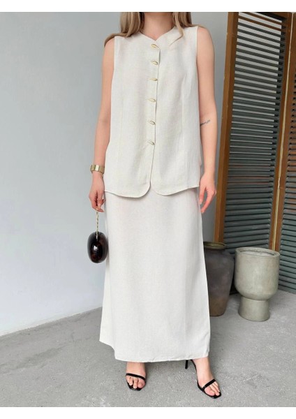 Keten Kolsuz Sıfır Yaka Ilik Düğmeli Kolsuz Hırka Etek Ikili Takım- Beyaz -Vlmr fırsatları
