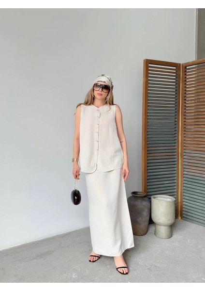 Keten Kolsuz Sıfır Yaka Ilik Düğmeli Kolsuz Hırka Etek Ikili Takım- Beyaz -Vlmr indirimleri