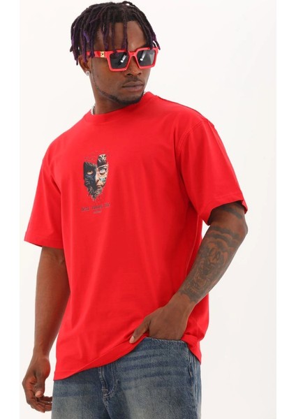 Unisex Oversize Baskılı Bisiklet Yaka T-Shirt - Kırmızı -Vlmr modelleri